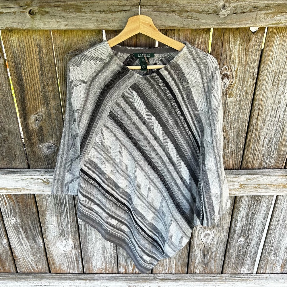 Lauren by Ralph Lauren Multi-Gray Knit Pullover Poncho Sweater Petite Medium